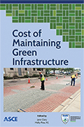 blue book cover with image of workers repairing permeable pavement and text Cost of Maintaining Green Infrastructure